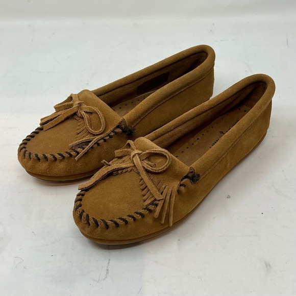 Minnetonka Newport Moc Light Brown Suede Moccasin Shoes Women's Size 6 VTG NEW - Picture 1 of 13